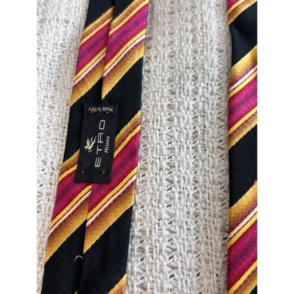 ETRO Milano Dress Tie Red Black Stripe Yellow Silk Made in Italy Necktie